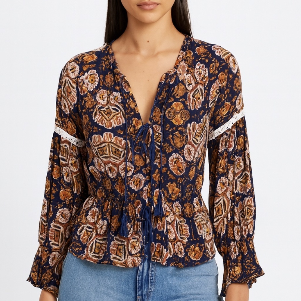 Cleobella Navy and Mustard Floral Peasant Blouse